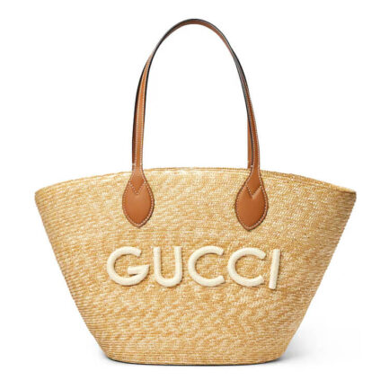 Gucci Medium Straw Tote With Gucci Patch